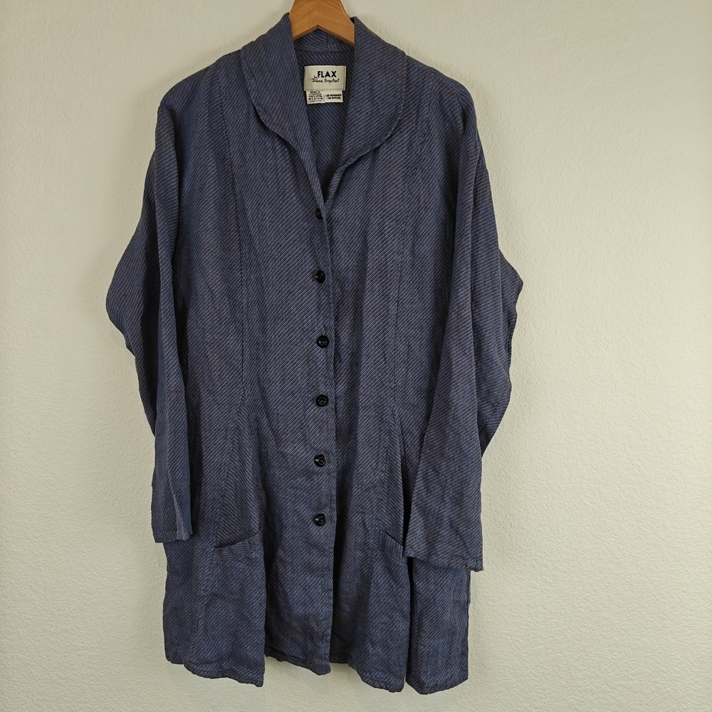 FLAX Jeanne Engelhart VTG  100% Linen Long Sleeve Jacket Pockets Blue Button M